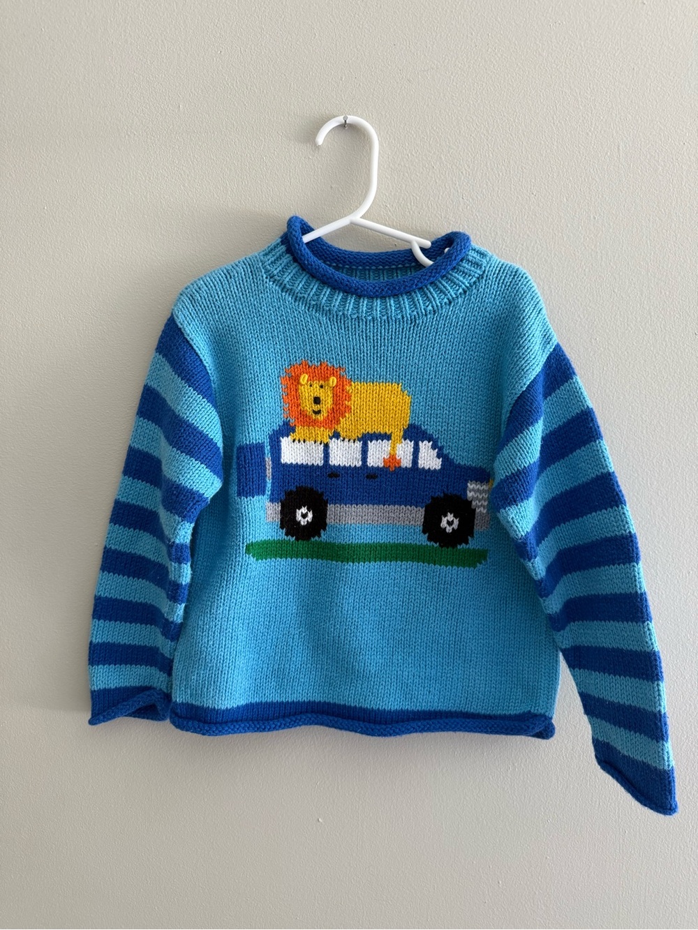 Vintage Mulberry Bush 4T Blue 100% Cotton Knit Sweater Crewneck Striped Animal